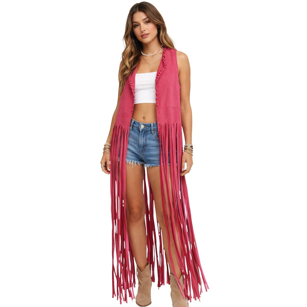 Colete Hippie Rosa Comprido