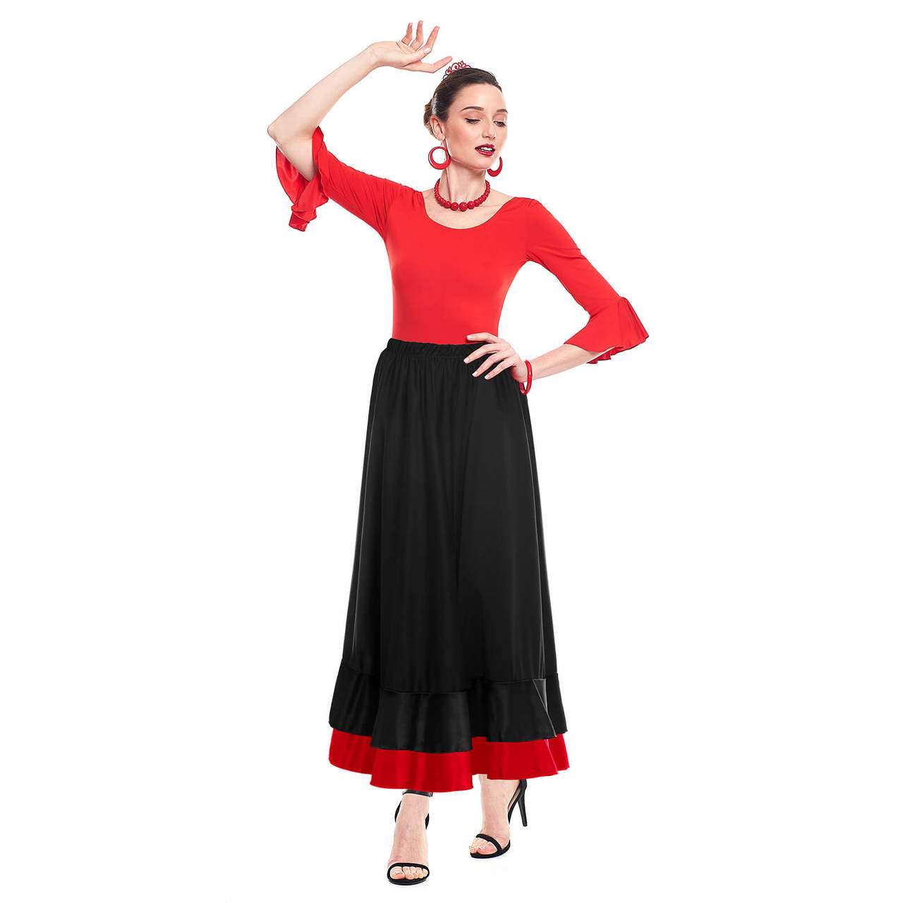 Saia Flamenco Preta com Babado Duplo Bicolor