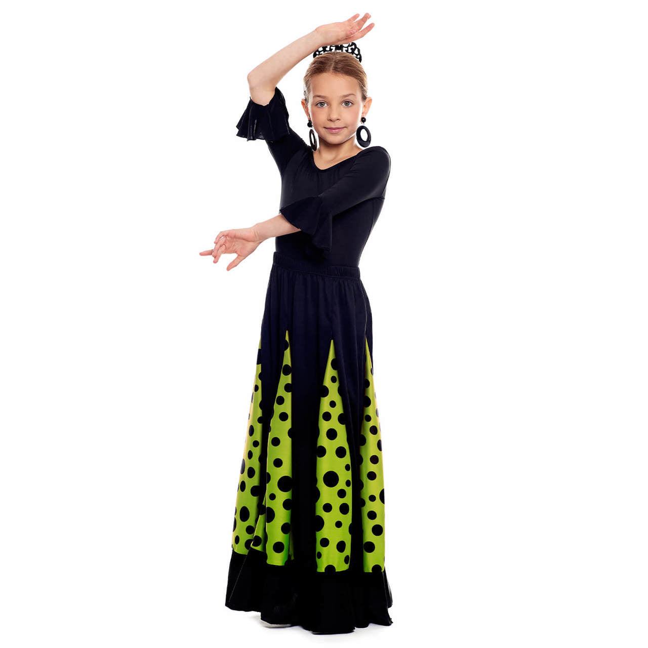 Saia Flamenco Preta e Verde com Quilhas para Crianças