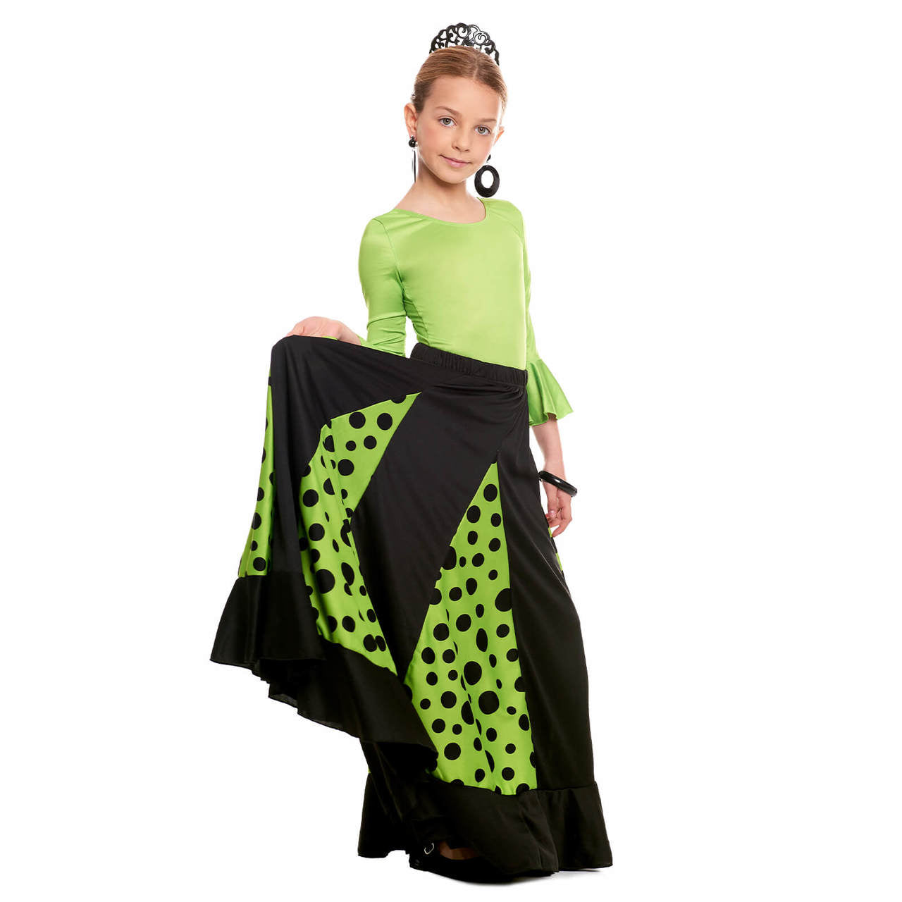 Saia Flamenco Preta e Verde com Quilhas para Crianças