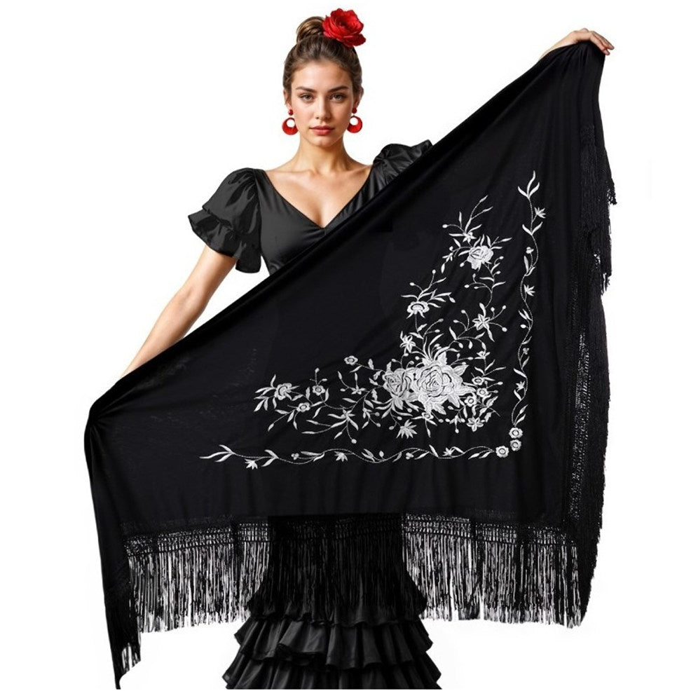 Xale Preto Bordado Branco