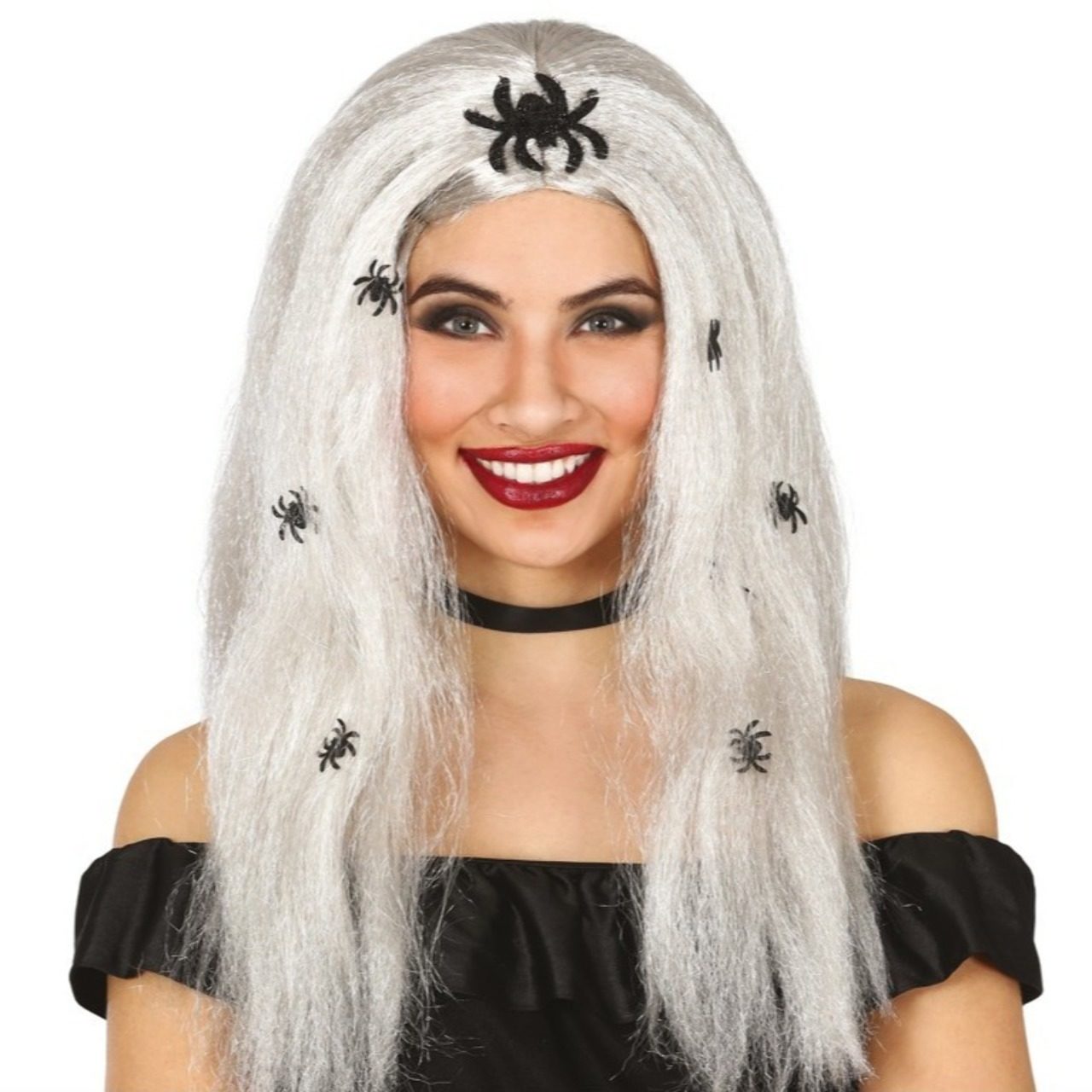Peruca Cinzenta Longa com Aranhas