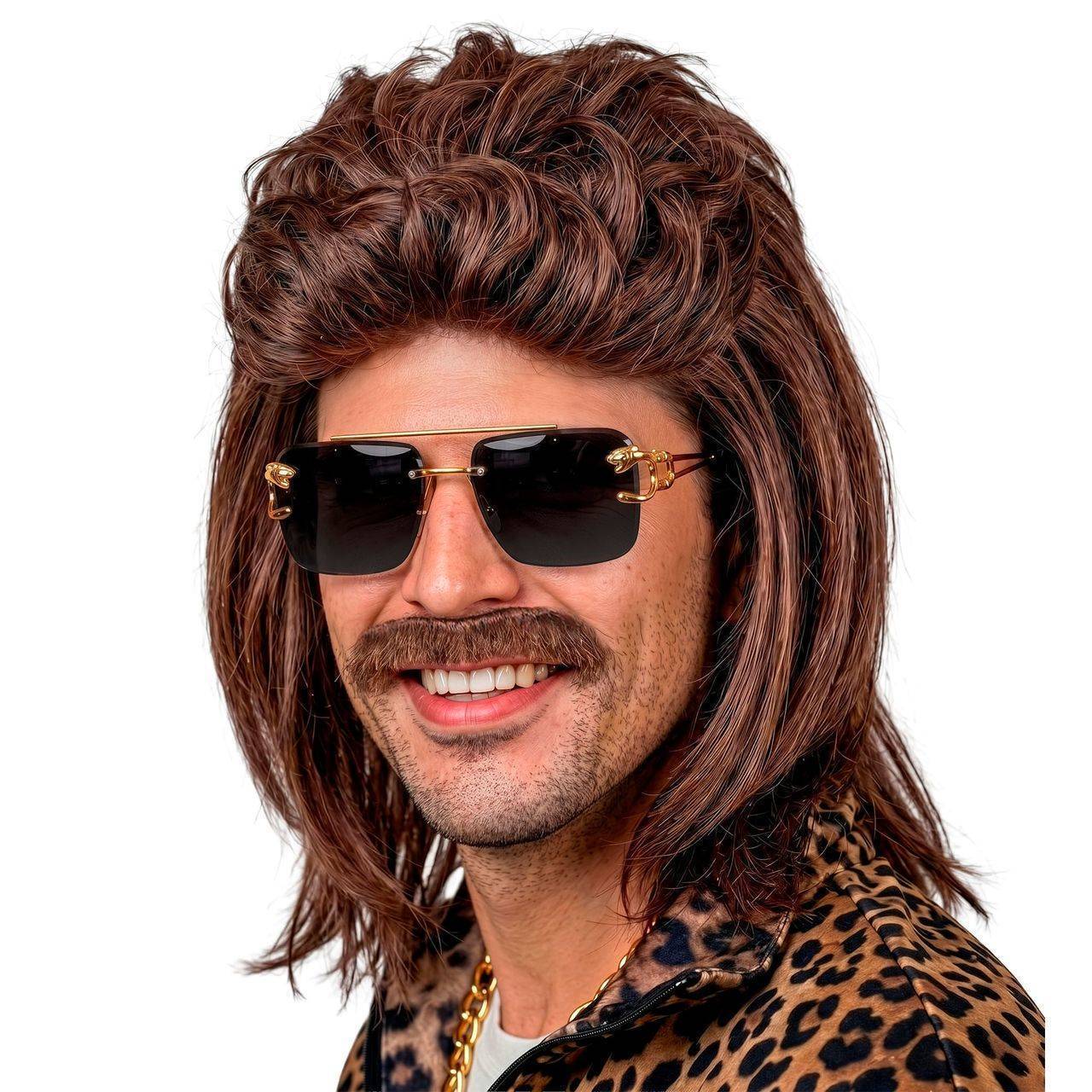 Peruca Castanha Mullet com Bigode