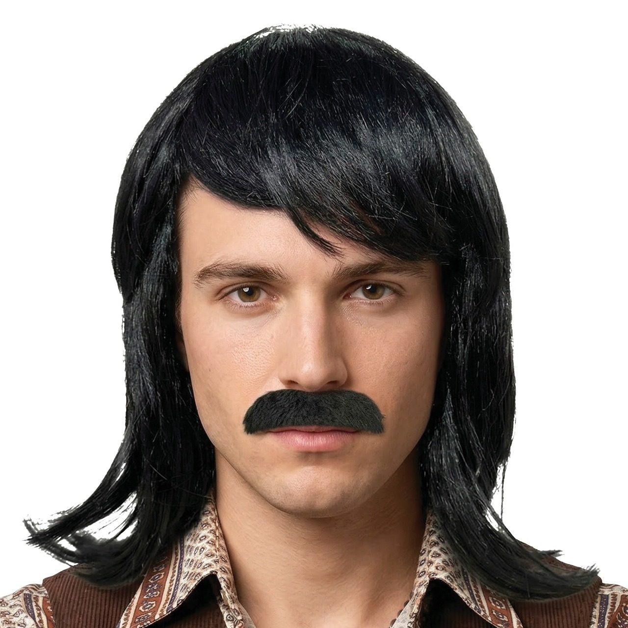 Peruca Preta Mullet com Bigode