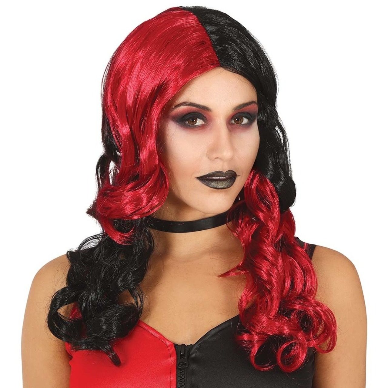 Peruca Ondulada Preta e Vermelha
