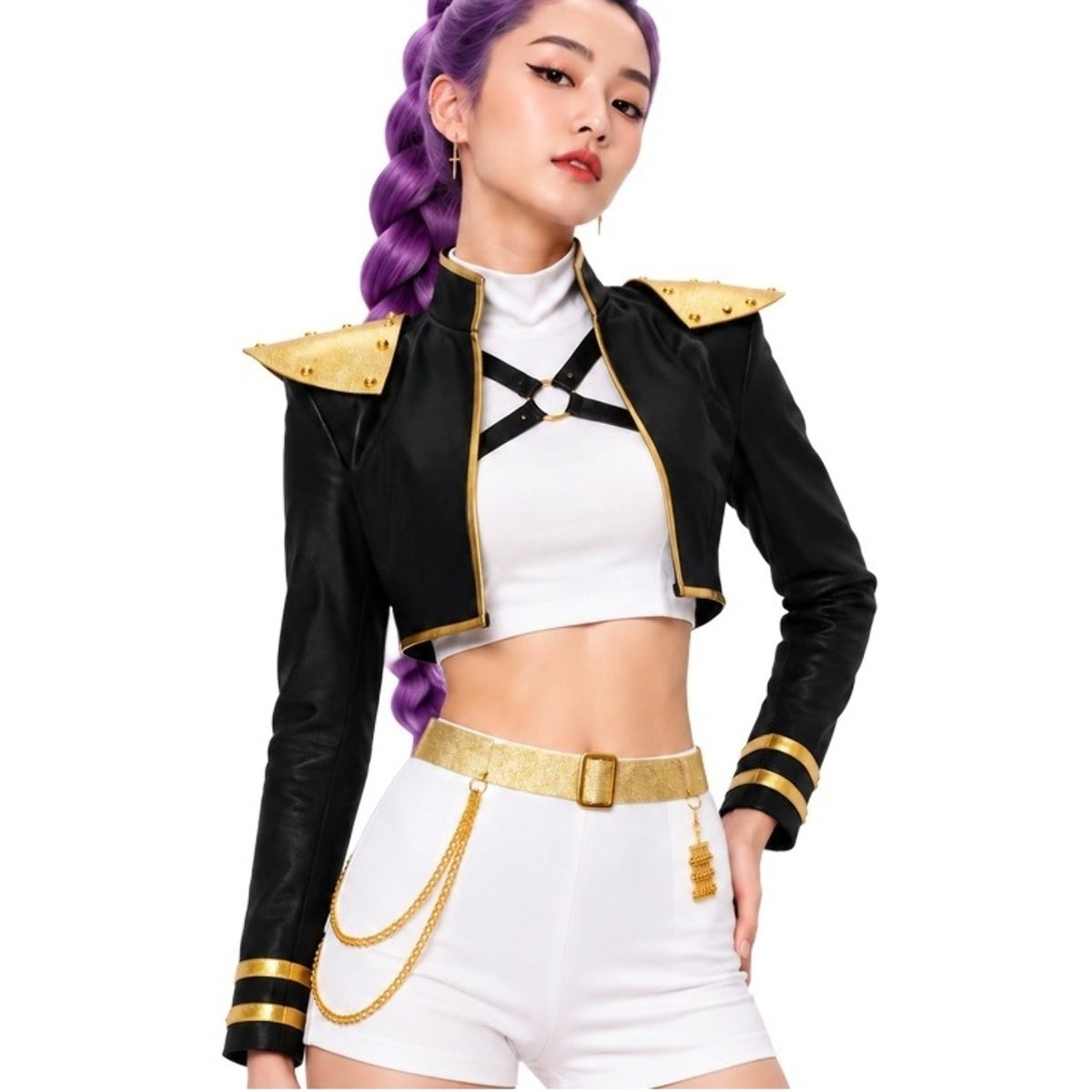 Conjunto de K-Pop Dourado Ombreiras e Cinto