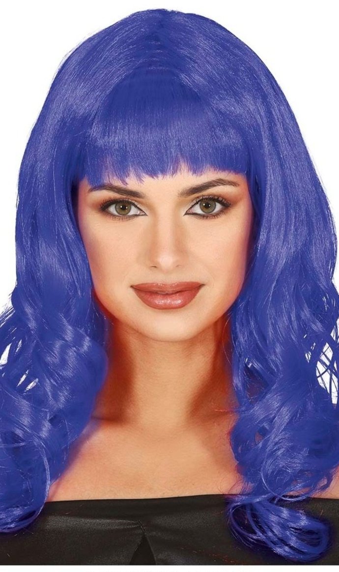 Peruca Azul Cabelo Comprido com Franja