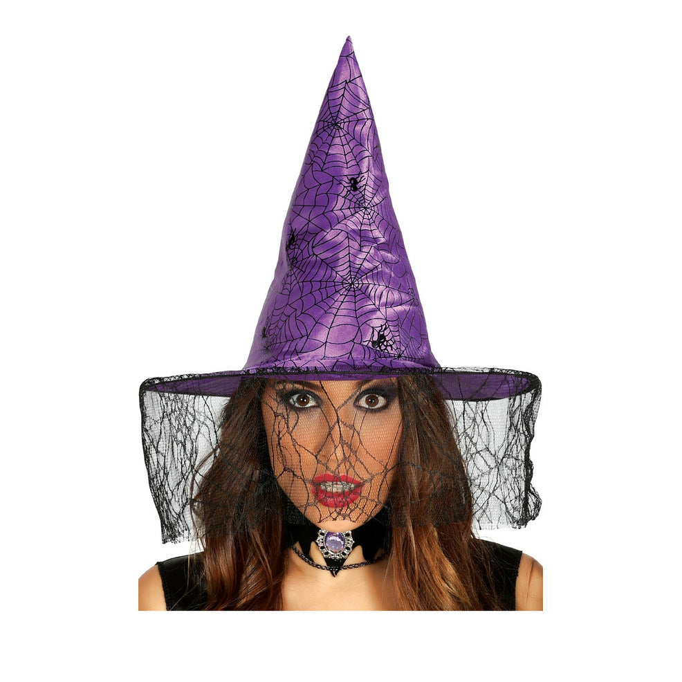 Sombrero de Bruja Lila con Velo | Don Disfraz