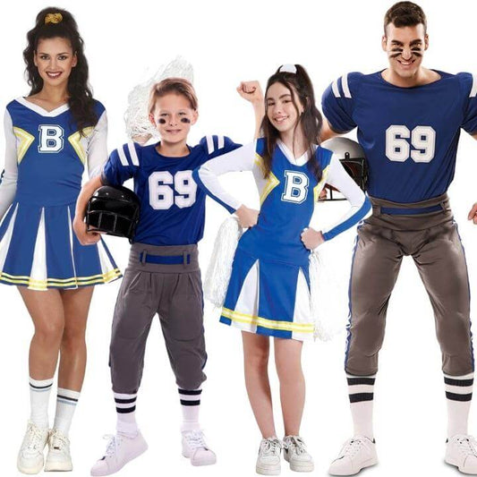 Fatos de grupo de Cheerleaders e jogadores azuis