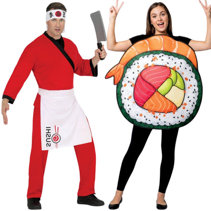 Fatos de casal de cozinheiro e sushi