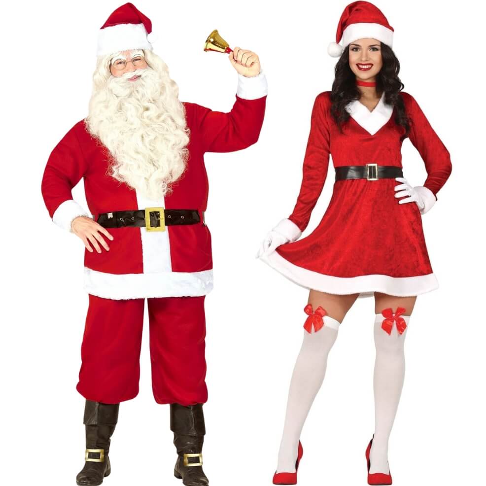 Fatos de casal de Pai e Mãe Natal vermelho