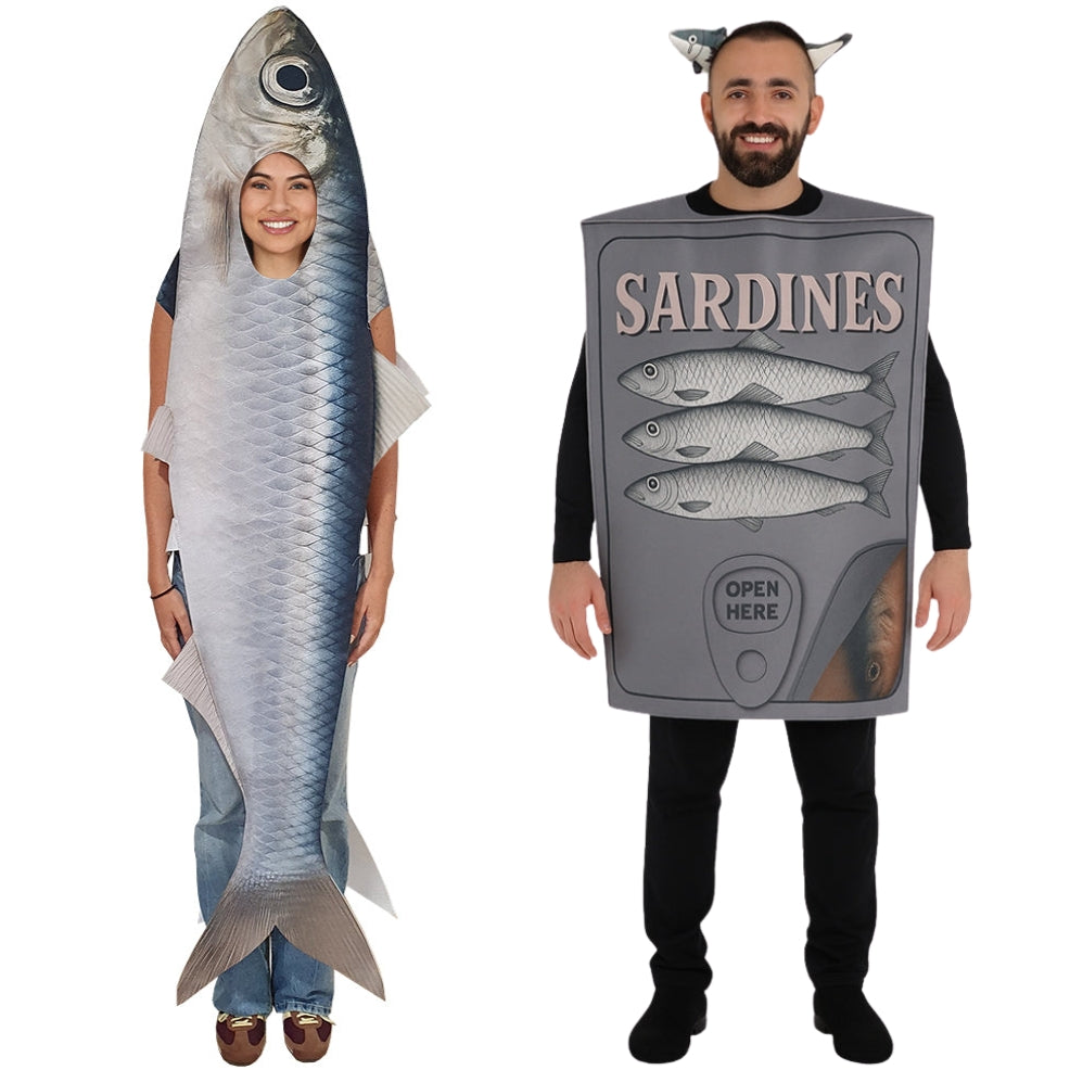 Fatos de casal de sardinha e lata de sardinhas
