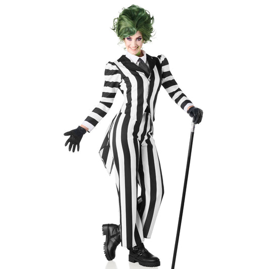 Fato de Beetlejuice às riscas para mulher adulta