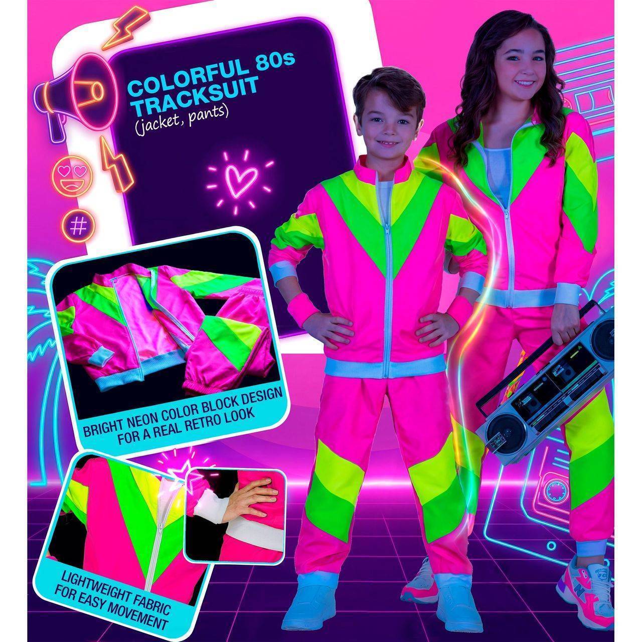 Fato de Fato de Treino dos Anos 80 Néon infantil