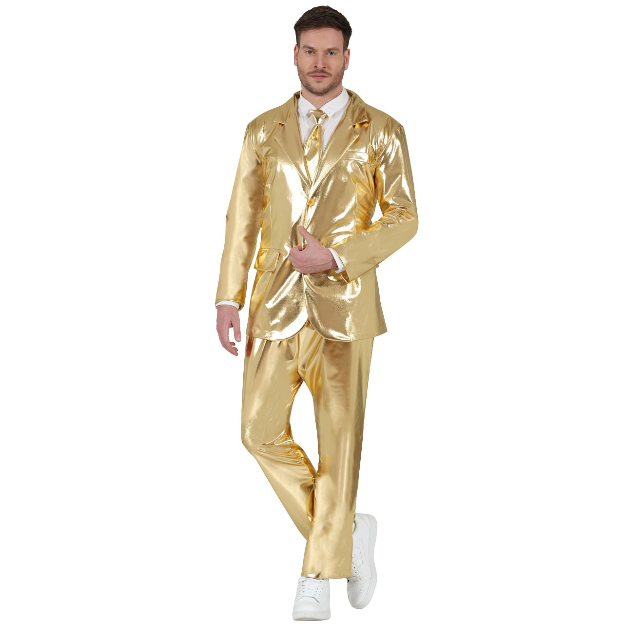 Traje de terno dourado metálico masculino