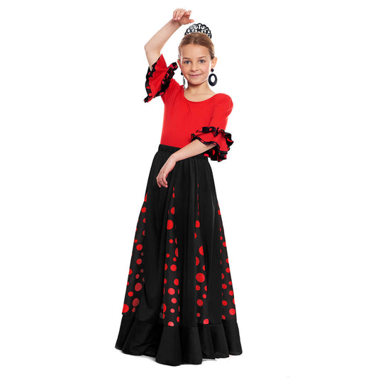 Saia de Flamenco Preta e Vermelha com Quilhas para crianças
