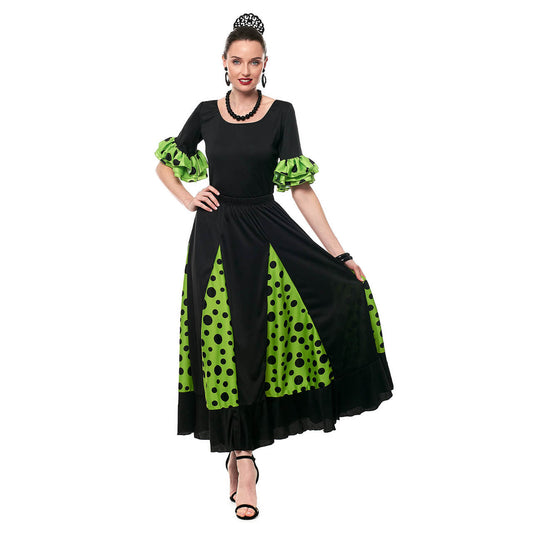 Saia de Flamenco Preta e Verde com Volantes
