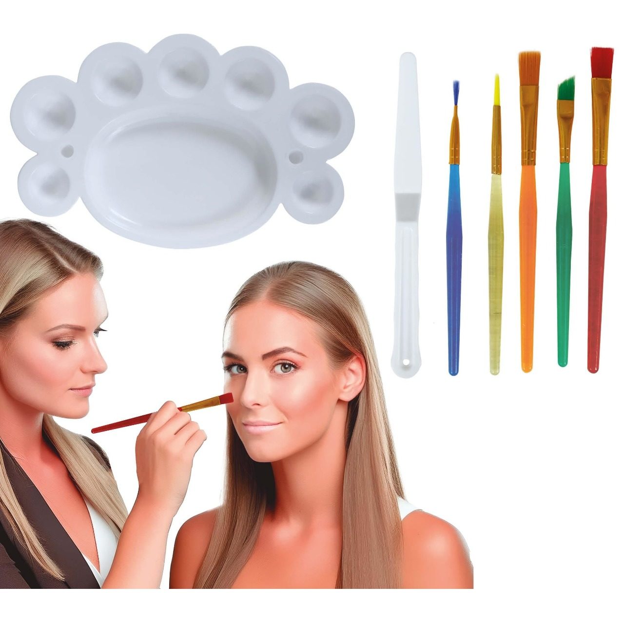 Kit de maquilhagem: 5 Pincéis, espátula e paleta