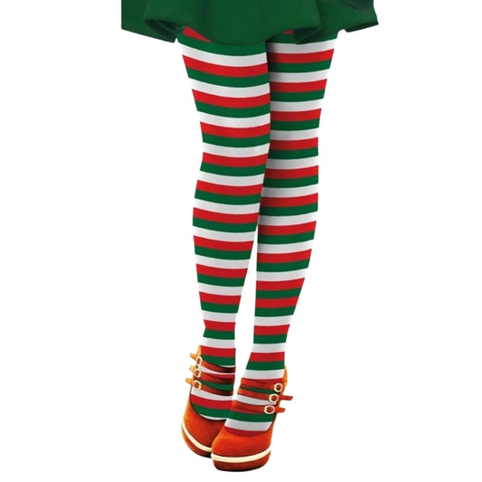 Collants de Elfa Riscas Verdes, Vermelhas e Brancas