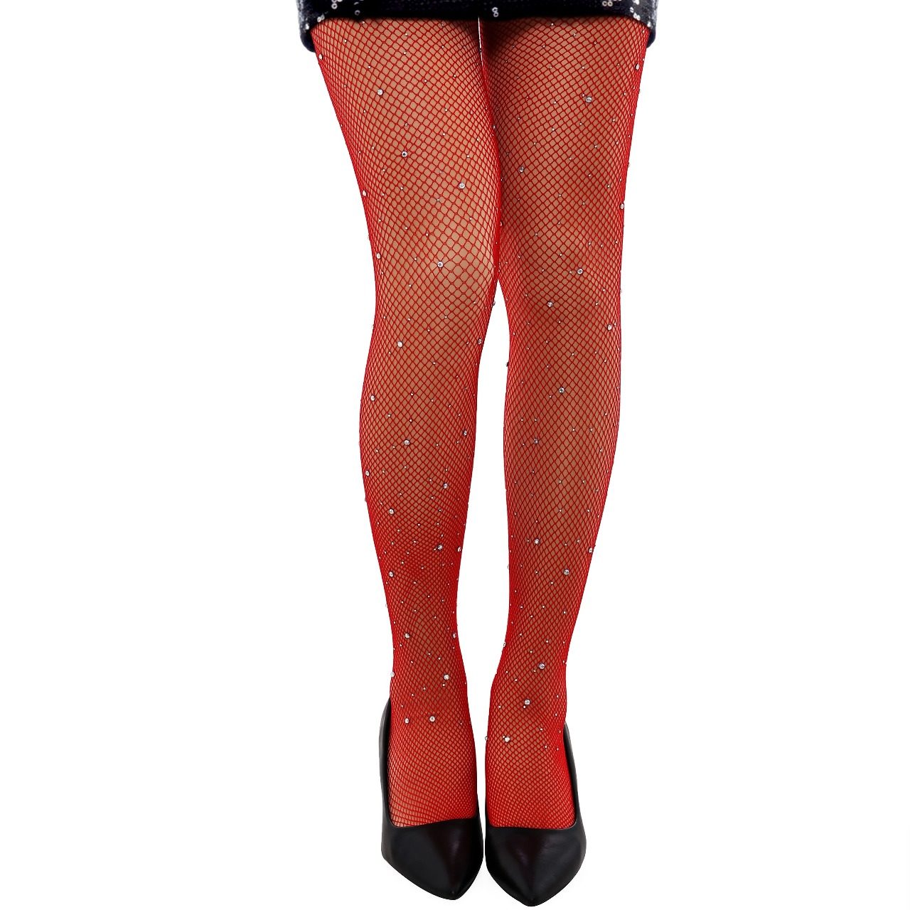 Collants de Rede Vermelhos com Brilhantes