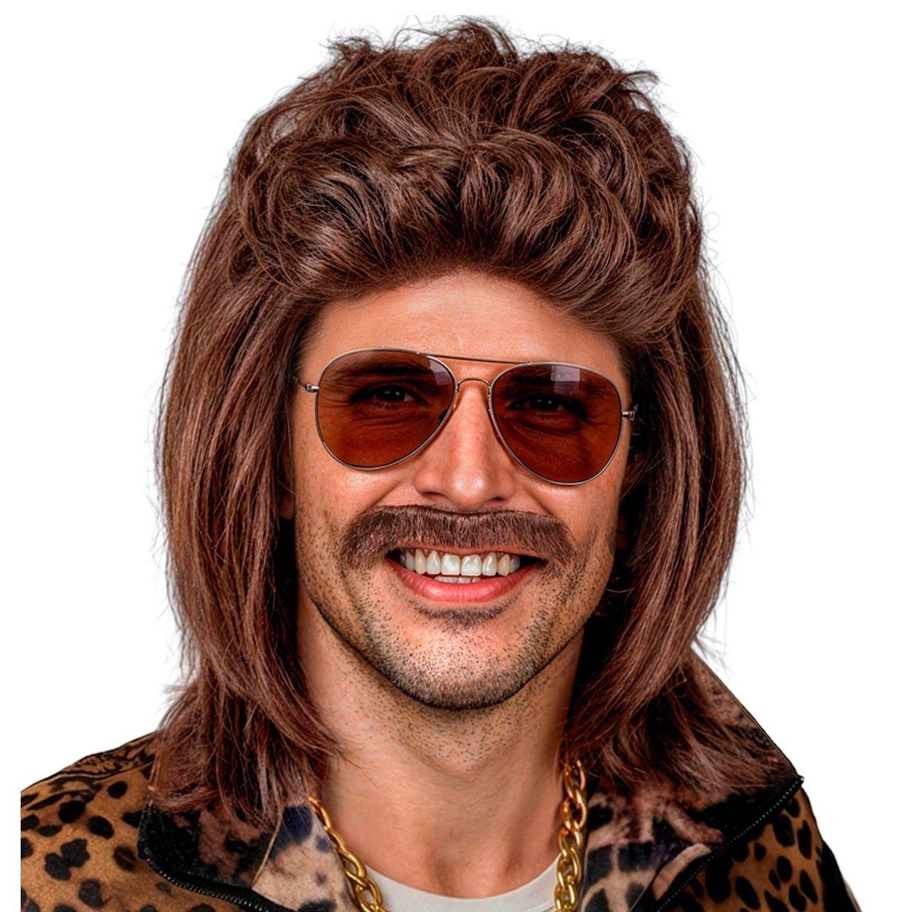 Peruca Castanha Mullet com Bigode