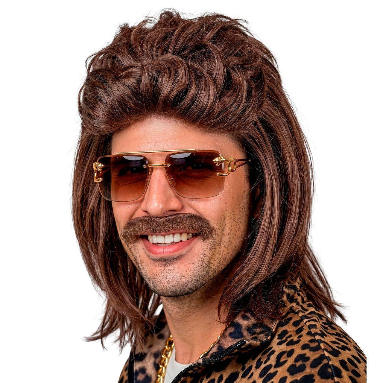 Peruca Castanha Mullet com Bigode