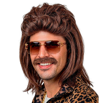 Peruca Castanha Mullet com Bigode