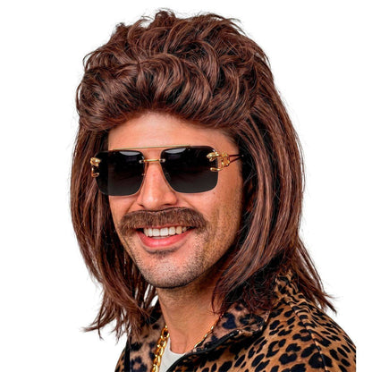 Peruca Castanha Mullet com Bigode
