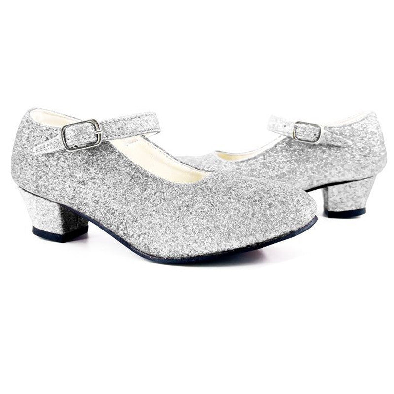 Sapatos infantis de salto prateado com glitter