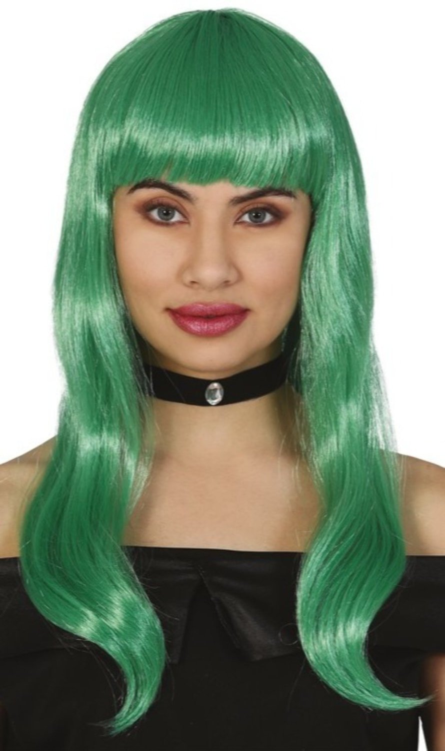 Peruca Verde Cabelo Comprido Ondas Franja