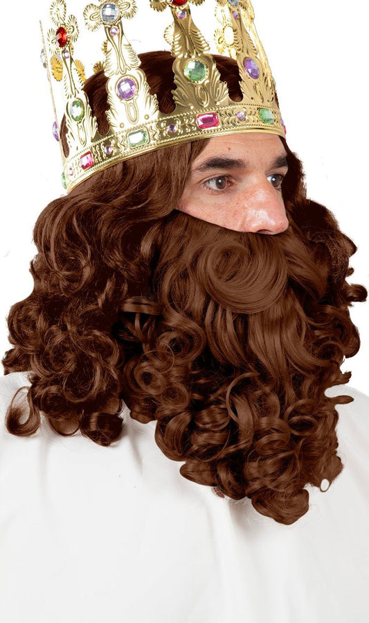 Peruca e Barba Rei Mago Delux Castanha
